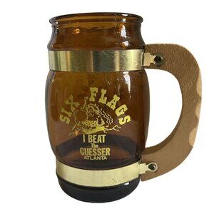 Six Flags I Beat the Guesser Atlanta Amber Barrel Mug Wood Handle Souvenir Vtg